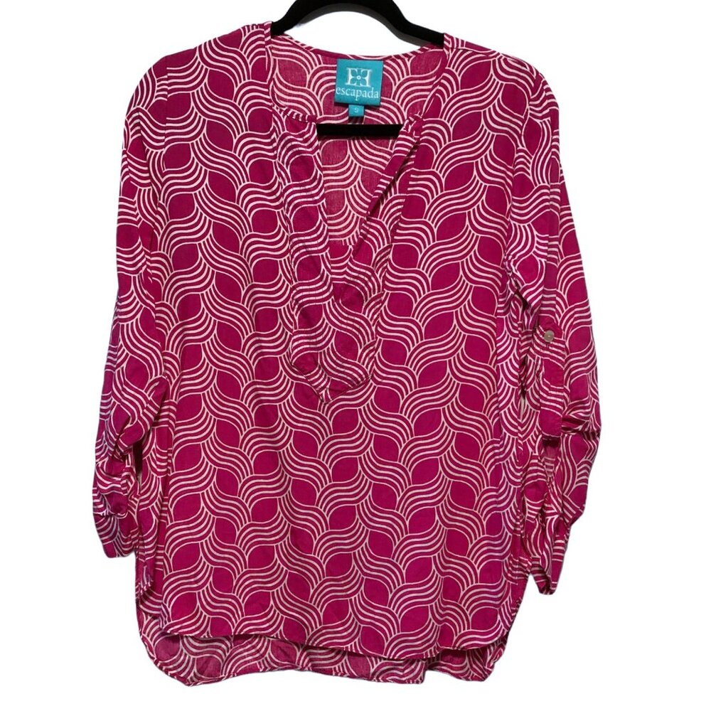 Escapada Pink White Notch Neck 3/4 Rolled Tab Sleeve Blouse Small
